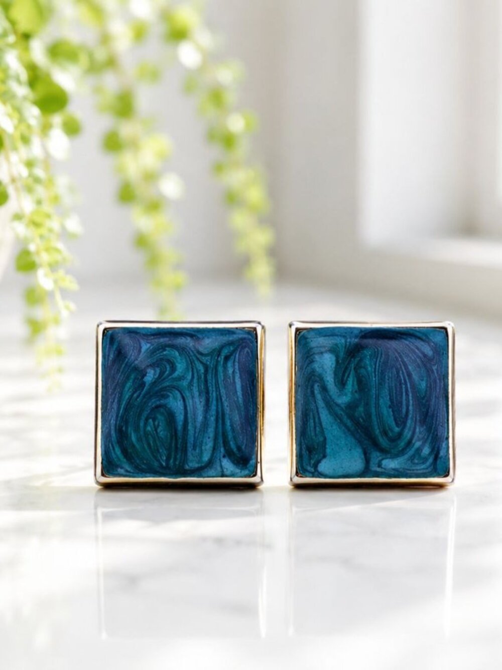 Vintage Square Gold-Tone Earrings With Blue Marbled Enamel Design